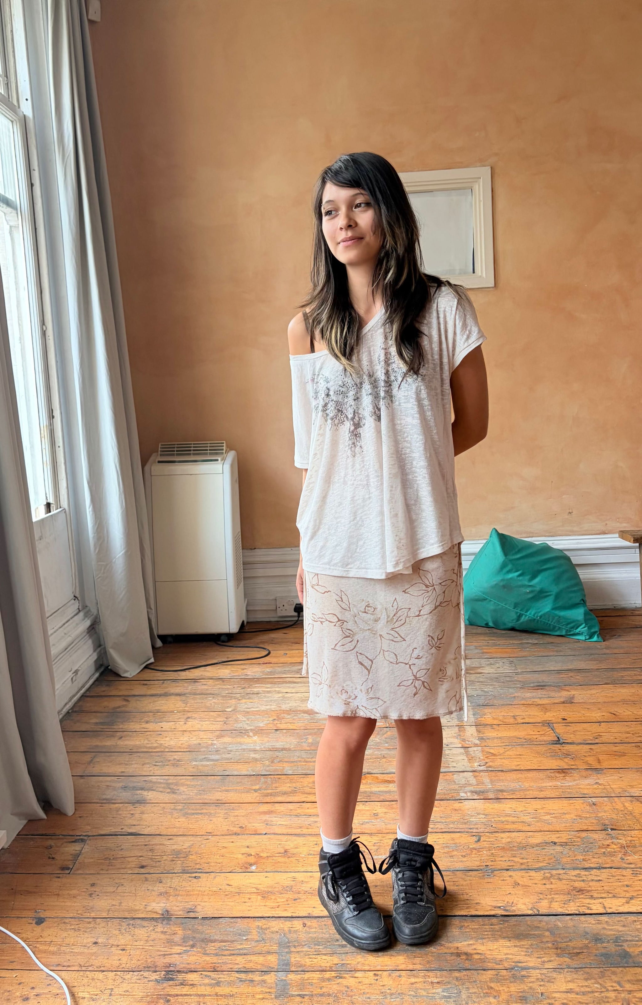 sheer floral midi skirt