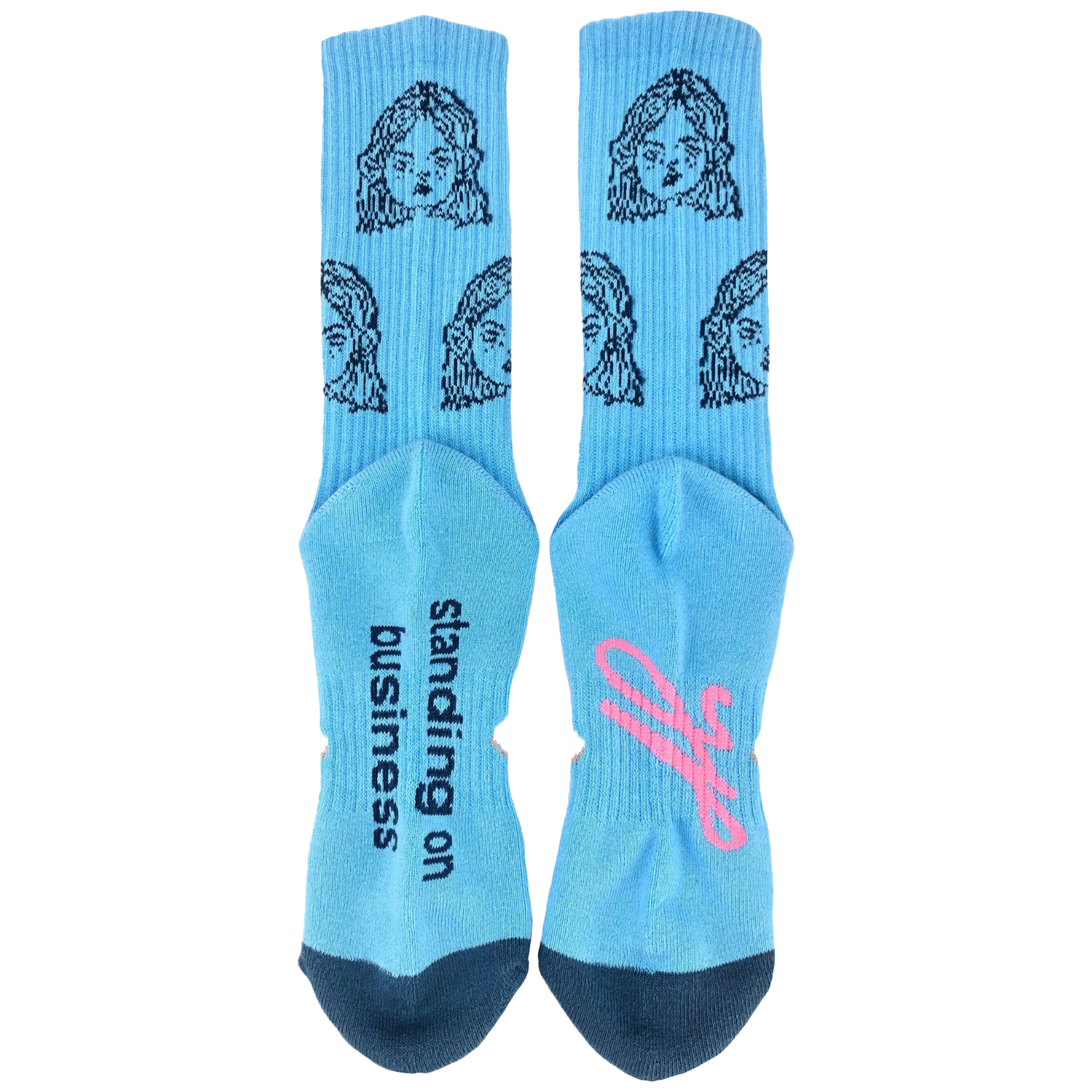 standing on business - blue socks