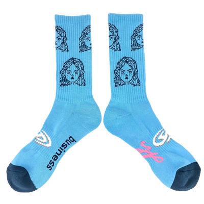 standing on business - blue socks